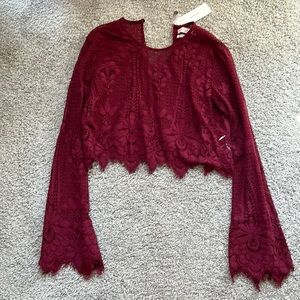 Urban outfitters red wine lace long sleeve crop top NWT